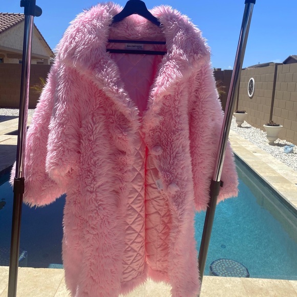balenciaga pink fur coat